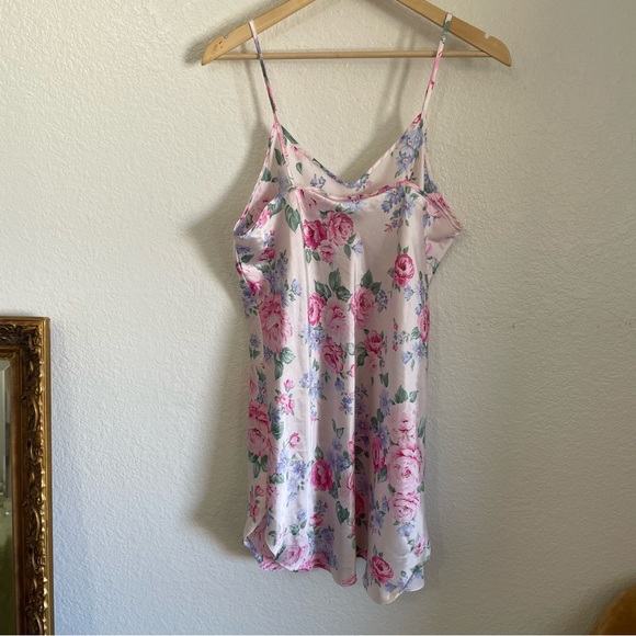 Vintage Dentelle Satin Floral Slip Dress Dainty Pink Peonies Daisies 90s 80s L - Picture 5 of 8